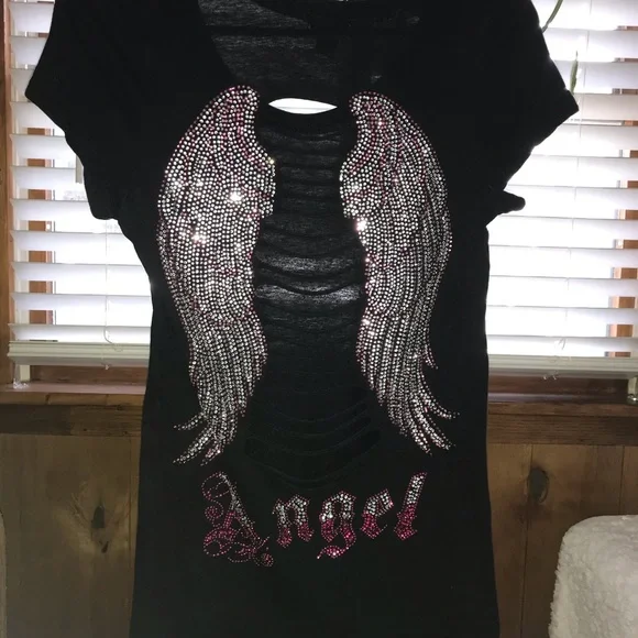 Team Juniors size Large Cut-out Angel wings Black with Rhinestone Bling - Picture 2 of 6